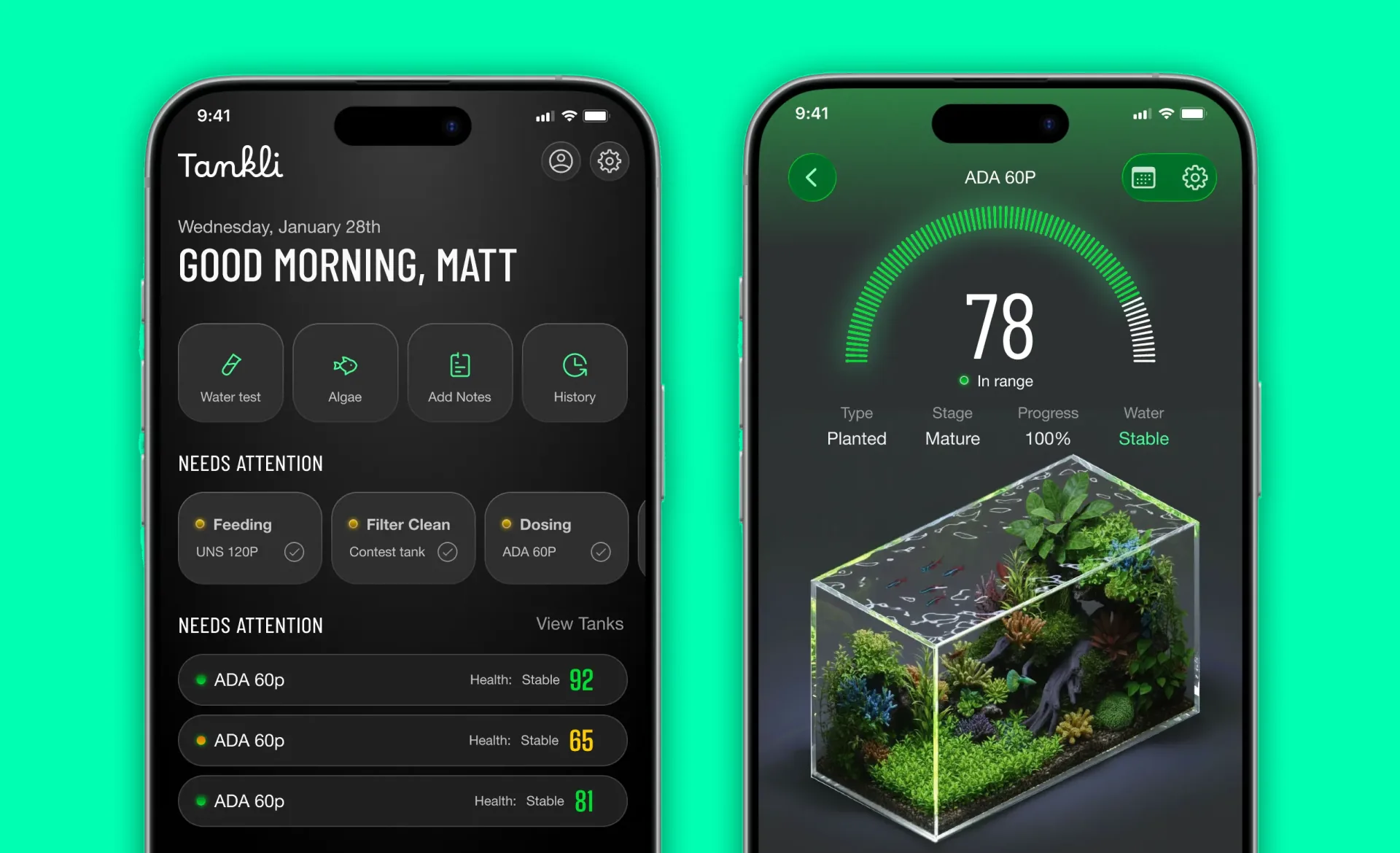 Tankly home screen and tank detail view on the brand green