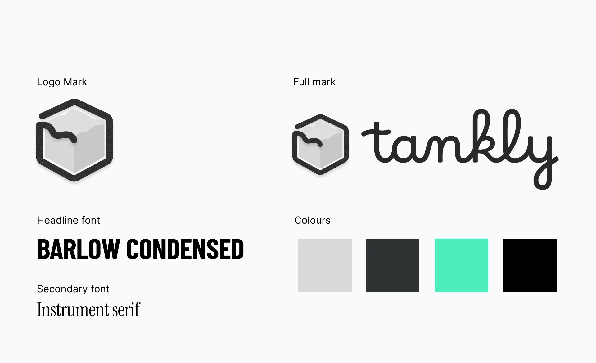 Tankly brand sheet with the logo mark, full wordmark, type choices and colour palette