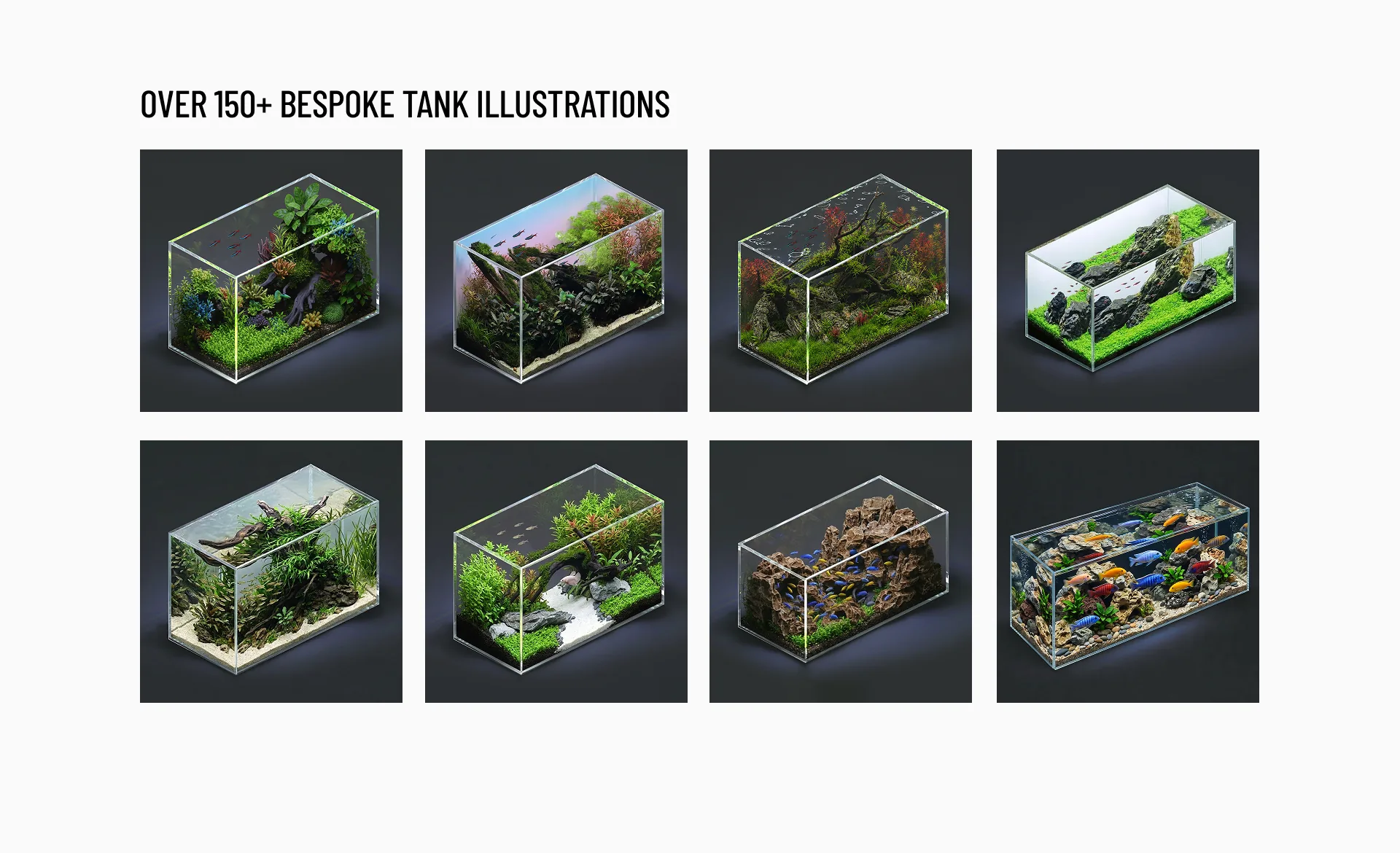 A grid of bespoke isometric aquarium illustrations drawn for Tankly
